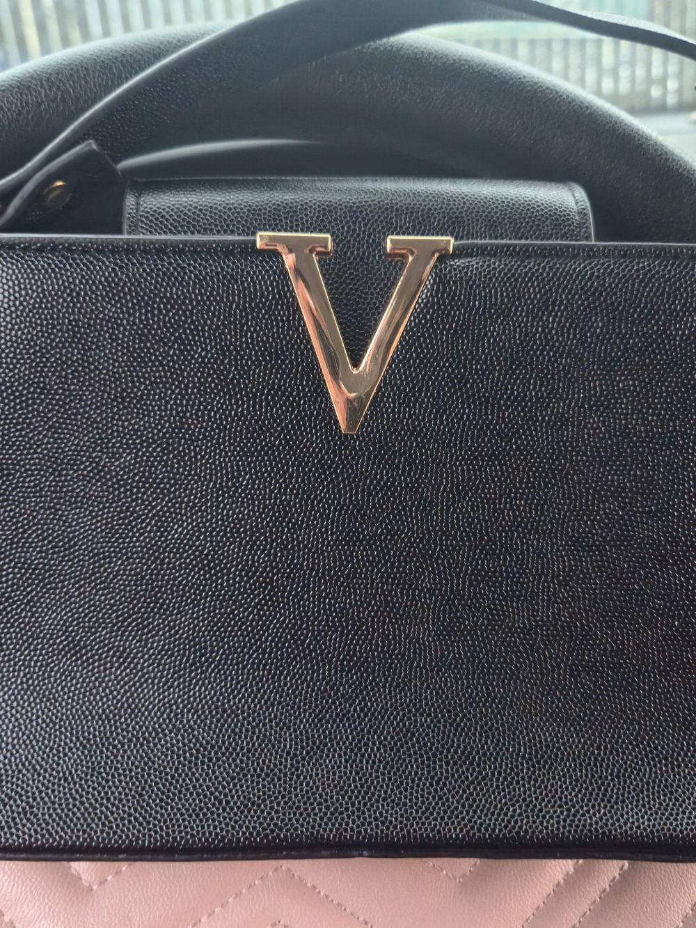 Black Mini Crossbody Bag with Gold V Accent